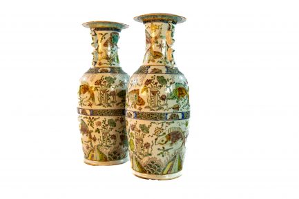 Pair of Chinese Wucai / Famille Verte "Carp" Porcelain Baluster Vases