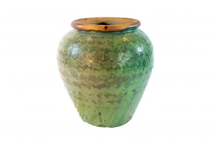 Large Antique-Style Green Glazed Greek Key Ceramic Storage Jar