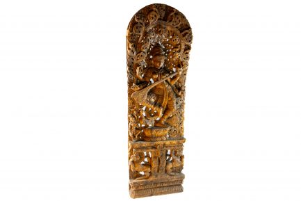 Hand-Carved Indian Wood Temple Panel of Dancing Saraswati