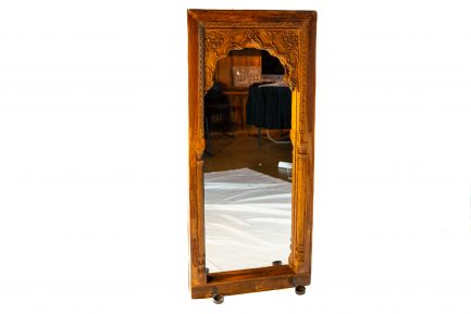 Antique Rajasthani Carved Haveli Window Mirror with Iron Diyas