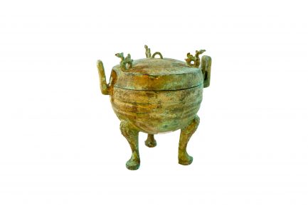 Archaic Bronze Ritual Tripod Food Vessel and Cover (Ding)