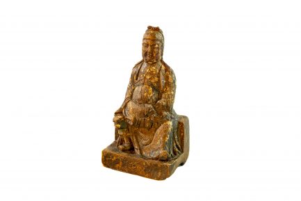 Antique Chinese Gilt and Lacquered Carved Wood Seated Deity