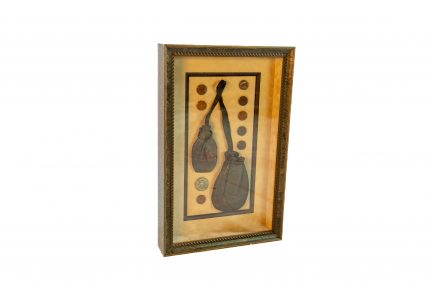 Antique Leather Merchant Pouches & Ancient Currency Shadowbox