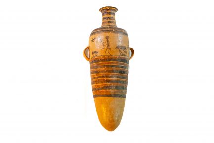 Large Decorative Floor Vase with Dual Prehistoric Narrative Illustrations