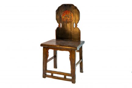 Antique Chinese Lacquered Elmwood Chair with Carved Lotus Medallion