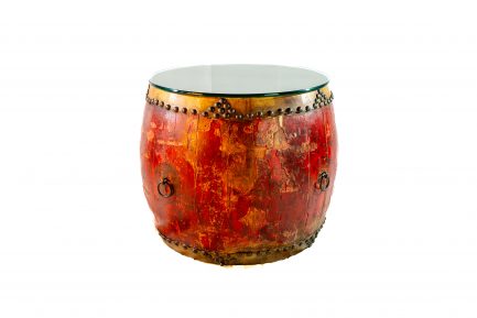 Antique Red Lacquer Drum Side Table with Glass Top