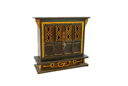Antique Chinese Black Lacquer & Gilt Deity Shrine Cabinet