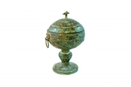 Chinese Inlaid Bronze Stemmed Covered Vessel (Dou) with Bird Finial