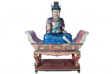 Monumental Chinese Polychrome and Gilt-Lacquered Wooden Guanyin Enthroned on Altar Console Table