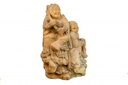 Antique Chinese Carved Stone Sculpture of Laughing Immortals