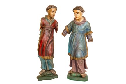 Antique Large-Scale Carved Polychrome Wood Santos Figures – Pair of Saints Florus & Laurus