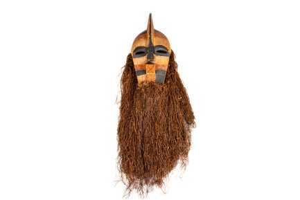 African Kifwebe Style Polychrome Carved Wood Mask with Raffia Beard
