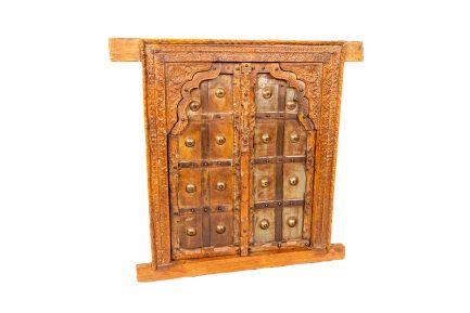 Antique Indian Carved Wooden Window Frame Jharokha Wall Decor with Brass Studs