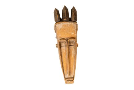 Vintage Hand-Carved Elongated Wooden Tribal Mask with Triple-Spike Crest