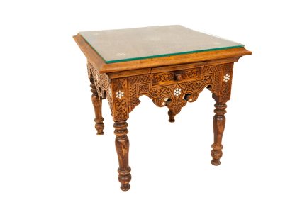 Antique Syrian Hand-Carved Walnut Side Table with Mother-of-Pearl Inlay & Drawer, Circa 1890