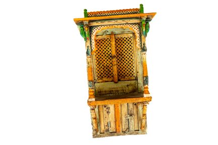Antique Indian Hand-Carved Wooden Jharokha Wall Temple