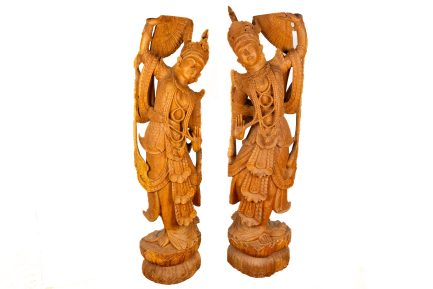 Mirroring Pair of Large Hand-Carved Thai Temple Dancer Statues on Lotus Bases