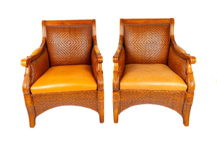 Pair of Luxury British Colonial Rattan & Full-Grain Leather Plantation Lounge Chairs