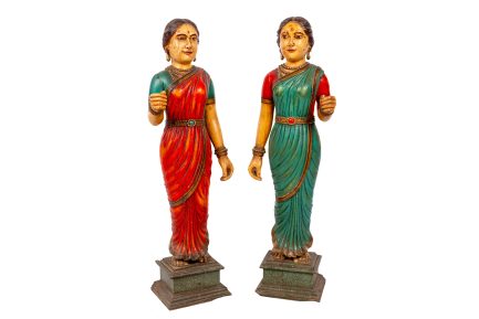 Pair of Large Antique South Indian Polychrome Wooden Temple Attendant Figures