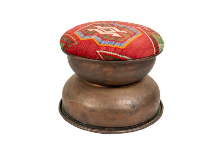 Vintage Kilim Turkish Pouf – Hammered Copper Base Ottoman