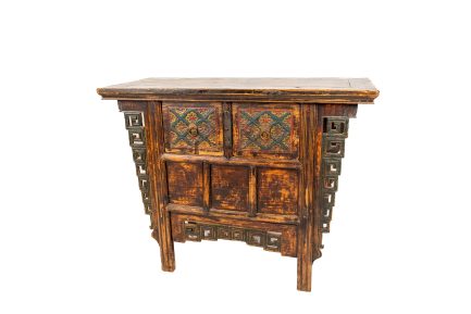 Antique Chinese Polychrome Coffer Cabinet with Fretwork Wings