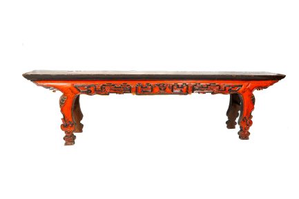 Antique 19th Century Chinese Lacquered Altar Console Table – Red & Black Chinoiserie Bench