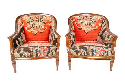 Pair of French Style Bergère Chairs in Vintage Turkish Kilim Style Needlepoint Upholstery