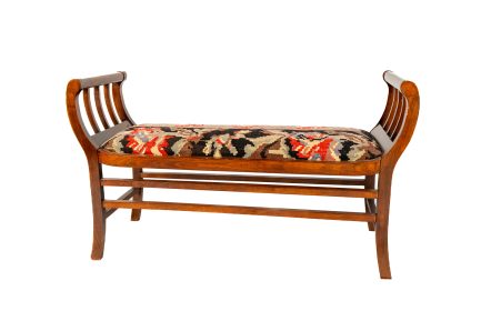 Vintage Wood Window Bench with Needlepoint Tapestry Seat & Slatted Rolled Arm
