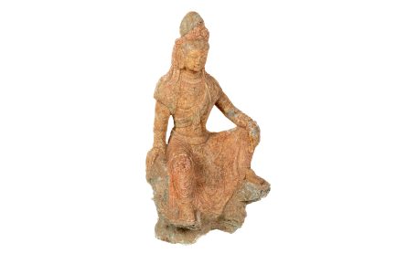 Polychrome Carved Sandstone Figure of Guanyin in Royal Ease